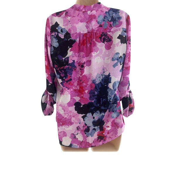Alfani Pink Chiffon Watercolor Floral Print Roll Tab Sleeve Blouse Top Size 6 - Picture 4 of 8